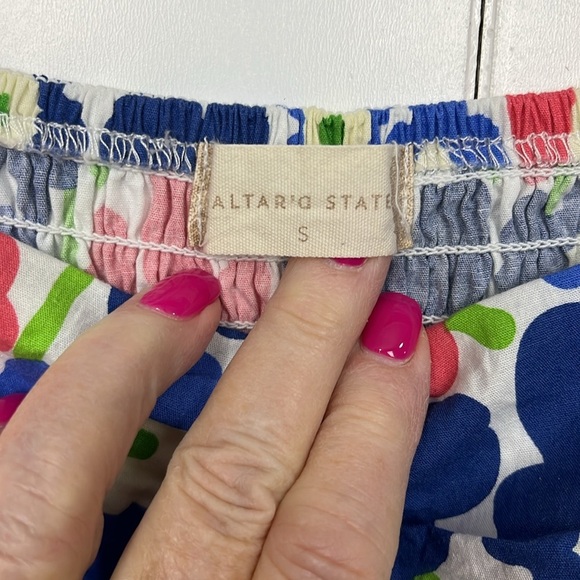 Altar’d State Womens Mini Dress S Pink Blue Floral Puffy Sleeves Stretch Ruffles - Picture 2 of 12